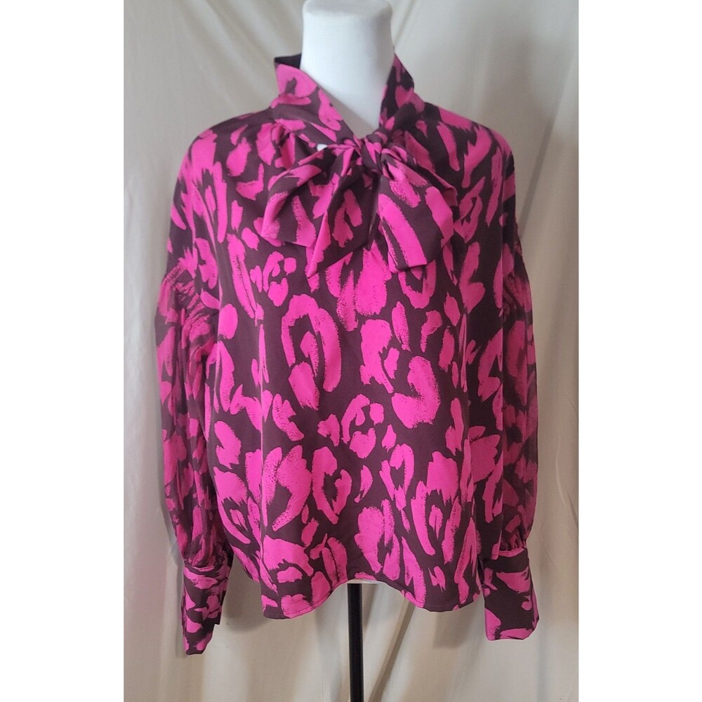 Who What Wear XL Pink Abstract Tie Neck Blouse Sheer Sleeve Office Chic Top